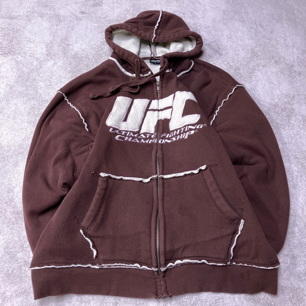 Vintage Y2K UFC Full Zip Hoodie Sherpa Waffle Thermal Brown Mens Large